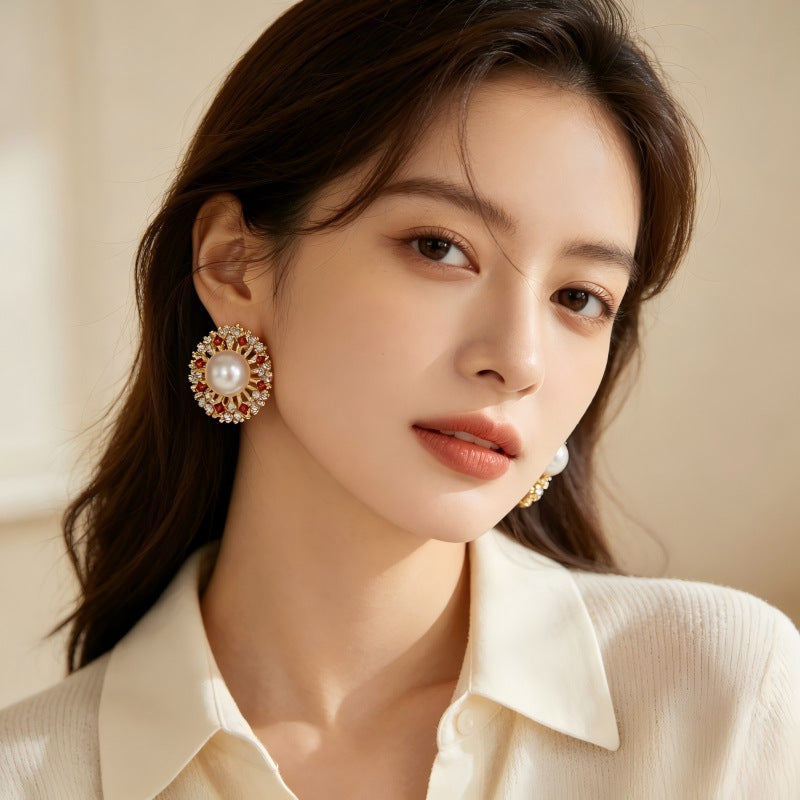 Retro Geometric Stud Earrings For Women In Brass With Zircon Inlay, Electroplated Finish And 304 Stainless Steel Posts