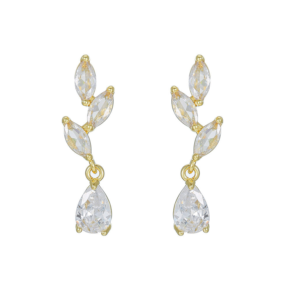 Gold Water Droplets Earrings For Women Featuring Copper Studs And Zircon Inlay Material