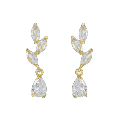 Gold Water Droplets Earrings For Women Featuring Copper Studs And Zircon Inlay Material