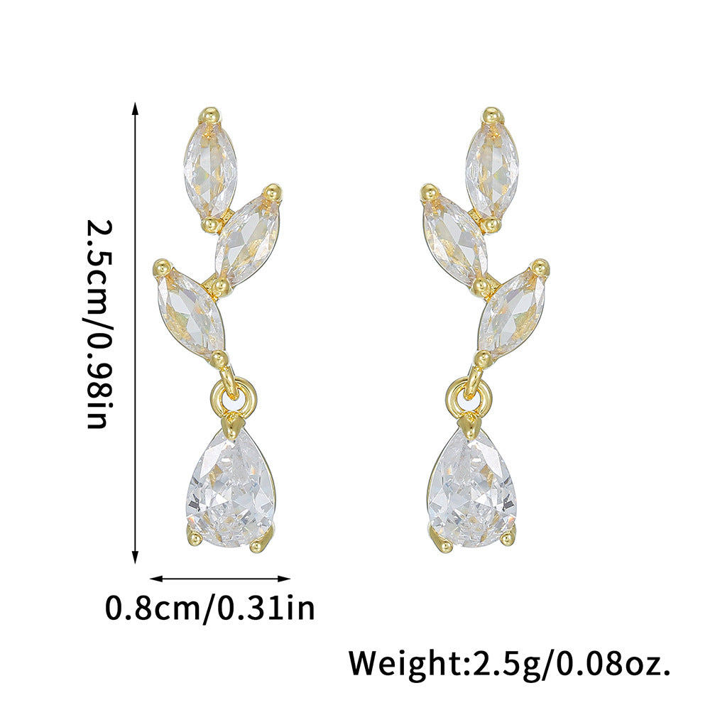 Gold Water Droplets Earrings For Women Featuring Copper Studs And Zircon Inlay Material
