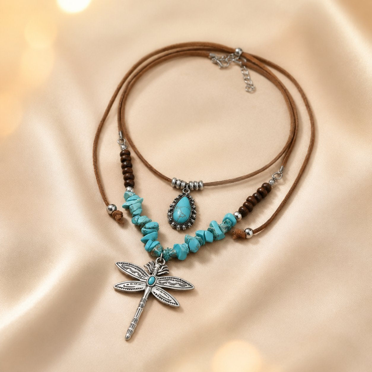 Dragonfly Double Layer Necklaces For Women In Bohemian Style Featuring Alloy Pendant With Beaded Chain