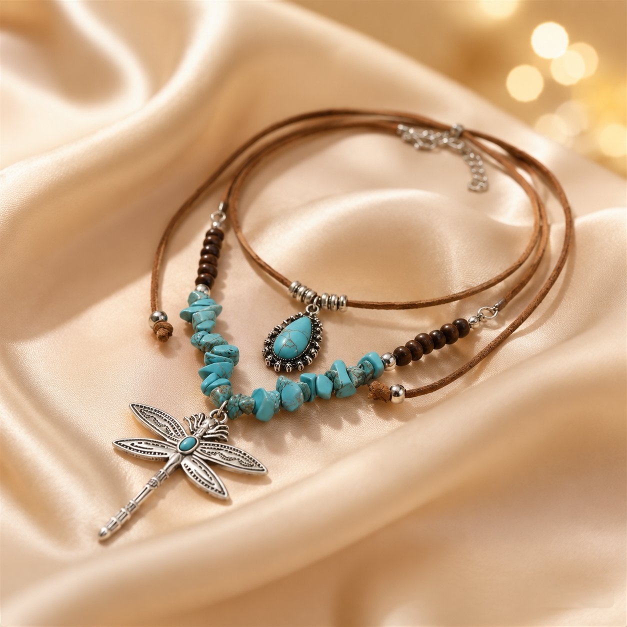 Dragonfly Double Layer Necklaces For Women In Bohemian Style Featuring Alloy Pendant With Beaded Chain