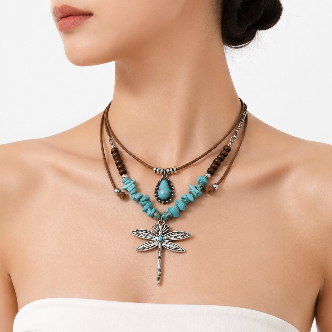 Dragonfly Double Layer Necklaces For Women In Bohemian Style Featuring Alloy Pendant With Beaded Chain