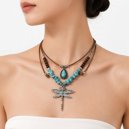 Dragonfly Double Layer Necklaces For Women In Bohemian Style Featuring Alloy Pendant With Beaded Chain
