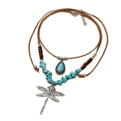 Dragonfly Double Layer Necklaces For Women In Bohemian Style Featuring Alloy Pendant With Beaded Chain