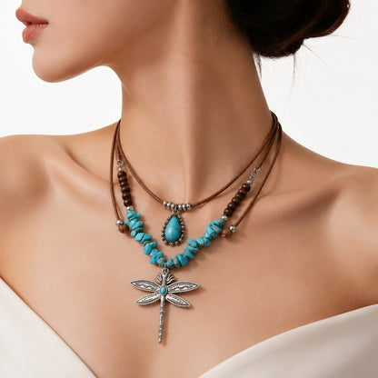 Dragonfly Double Layer Necklaces For Women In Bohemian Style Featuring Alloy Pendant With Beaded Chain