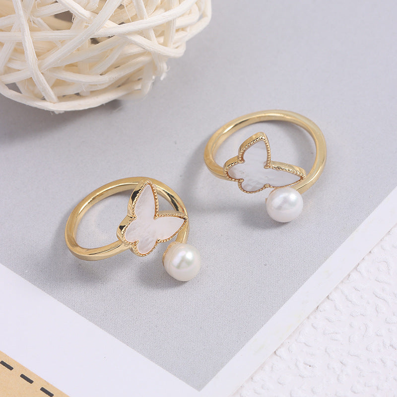 Simple Style Freshwater Pearl Ring With Natural White 6-7mm Button Pearls In Copper