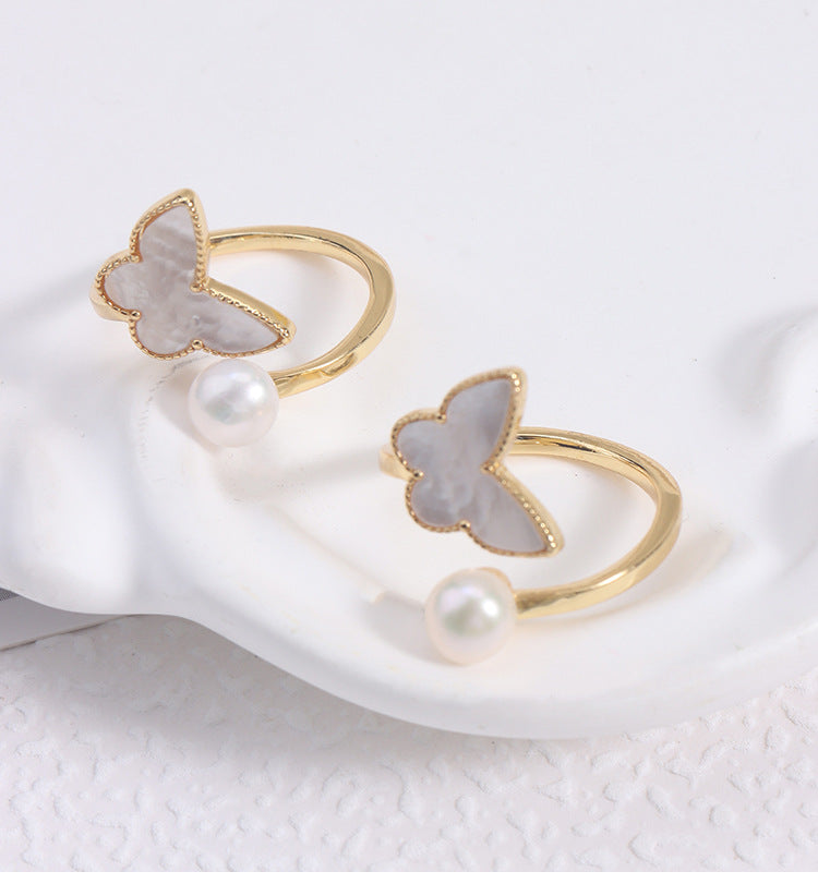Simple Style Freshwater Pearl Ring With Natural White 6-7mm Button Pearls In Copper