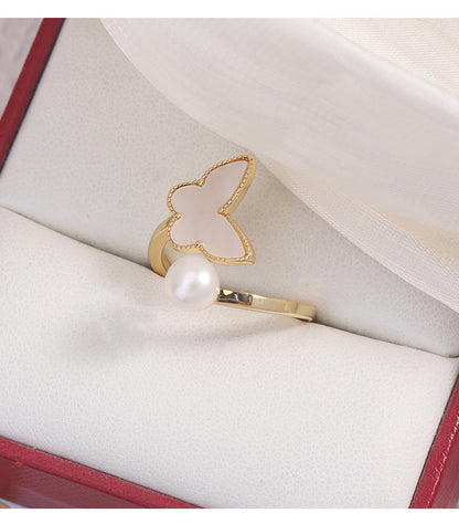 Simple Style Freshwater Pearl Ring With Natural White 6-7mm Button Pearls In Copper