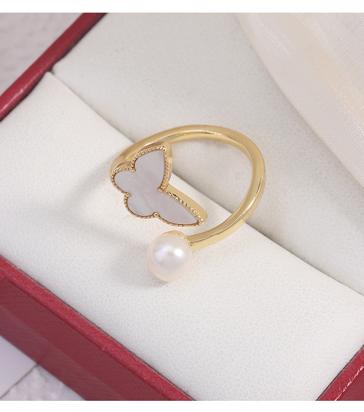 Simple Style Freshwater Pearl Ring With Natural White 6-7mm Button Pearls In Copper