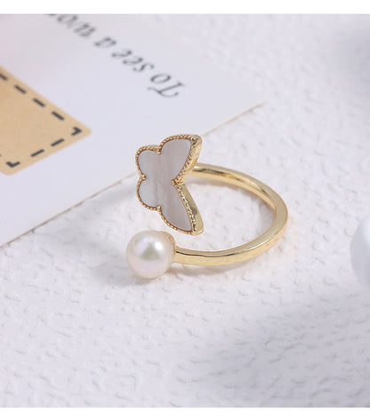 Simple Style Freshwater Pearl Ring With Natural White 6-7mm Button Pearls In Copper