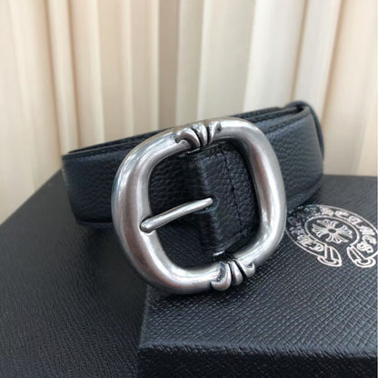 Retro Genuine Leather Belt With Alloy Pin Buckle In Dyed Black