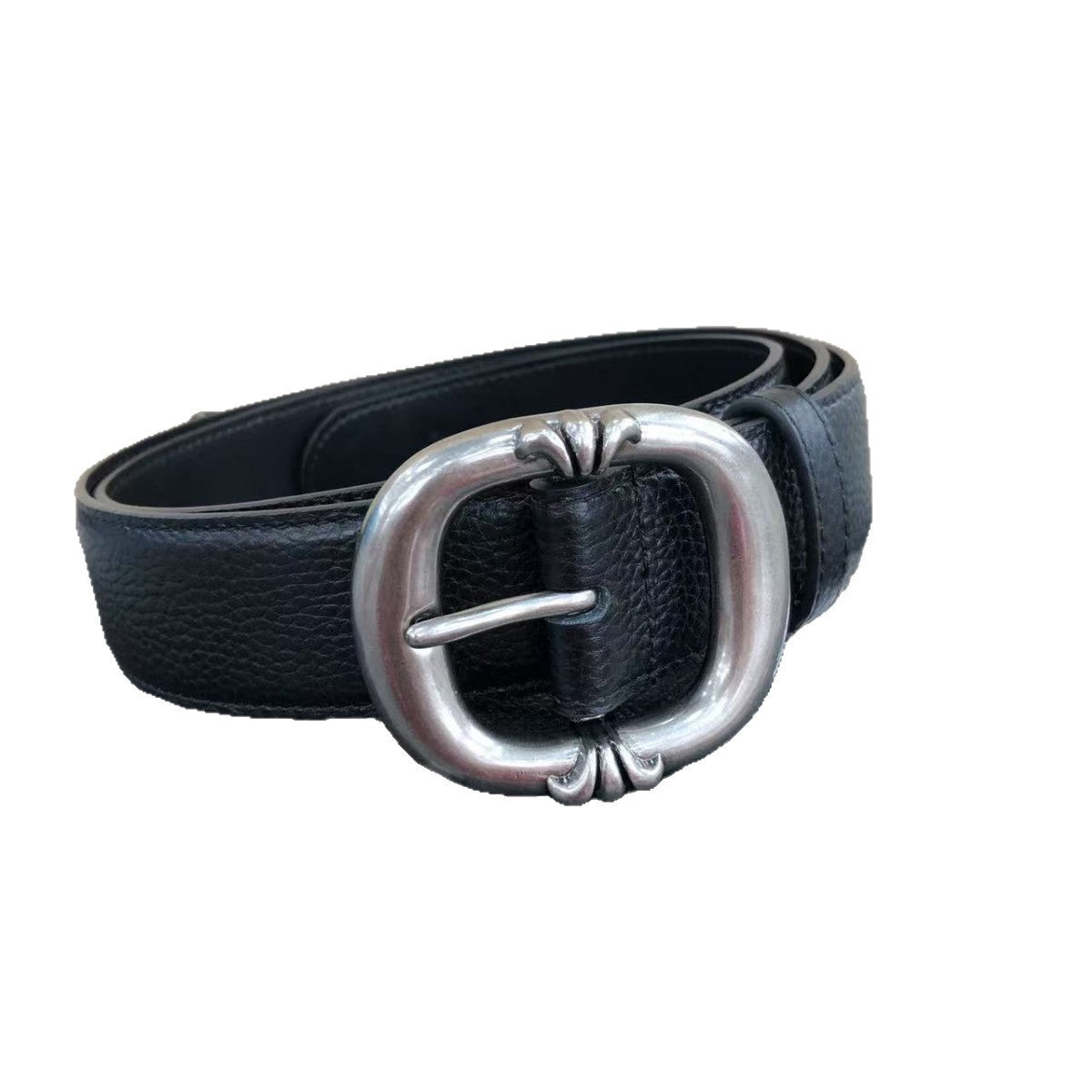 Retro Genuine Leather Belt With Alloy Pin Buckle In Dyed Black