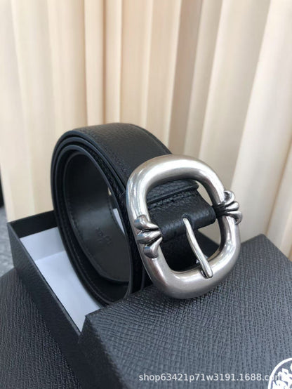 Retro Genuine Leather Belt With Alloy Pin Buckle In Dyed Black