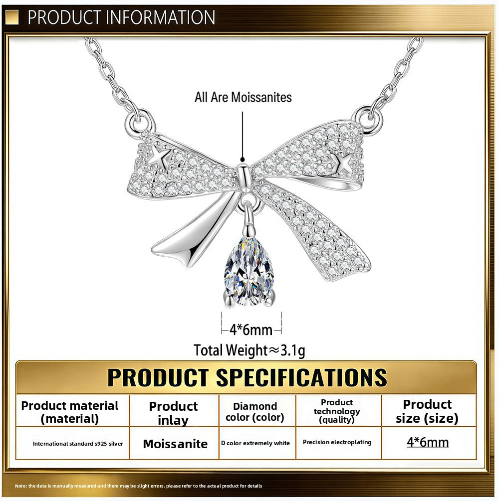 Bow Tie Pendant In 925 Sterling Silver With Moissanite Inlay, Simple Style Chain For Women