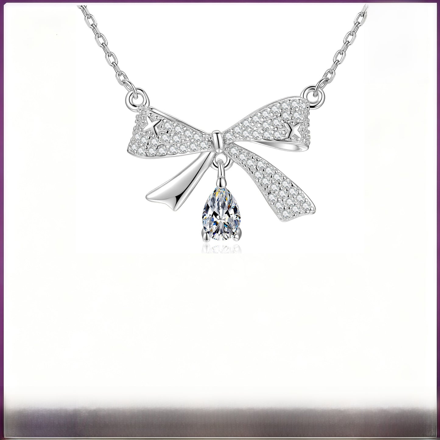 Bow Tie Pendant In 925 Sterling Silver With Moissanite Inlay, Simple Style Chain For Women