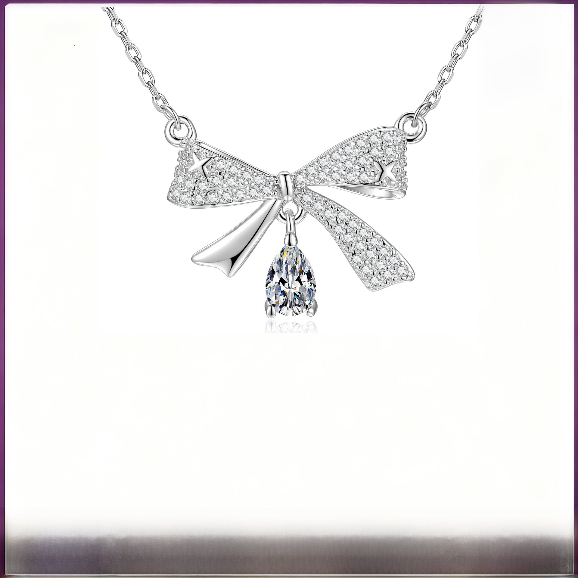 Bow Tie Pendant In 925 Sterling Silver With Moissanite Inlay, Simple Style Chain For Women