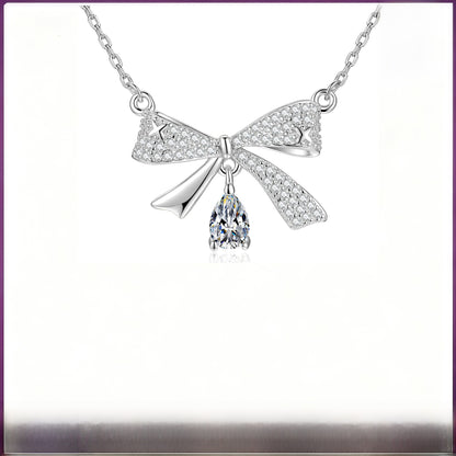 Bow Tie Pendant In 925 Sterling Silver With Moissanite Inlay, Simple Style Chain For Women