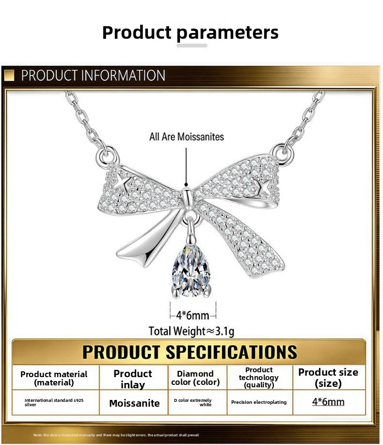 Bow Tie Pendant In 925 Sterling Silver With Moissanite Inlay, Simple Style Chain For Women