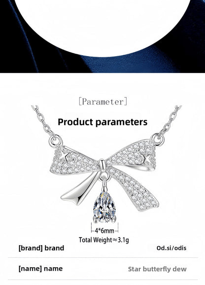 Bow Tie Pendant In 925 Sterling Silver With Moissanite Inlay, Simple Style Chain For Women