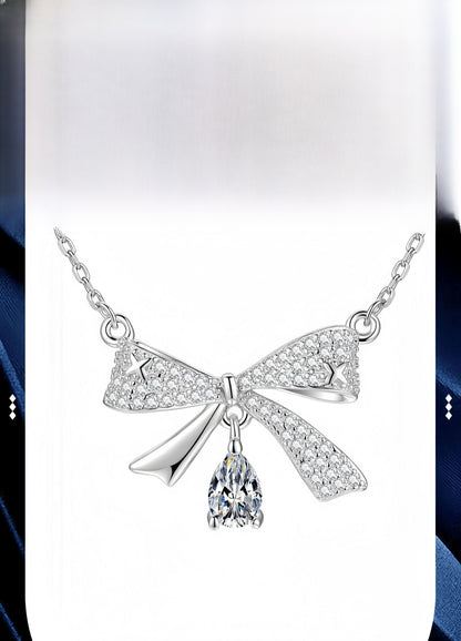 Bow Tie Pendant In 925 Sterling Silver With Moissanite Inlay, Simple Style Chain For Women