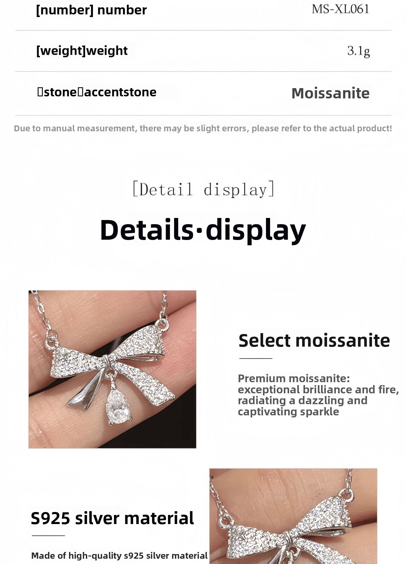 Bow Tie Pendant In 925 Sterling Silver With Moissanite Inlay, Simple Style Chain For Women
