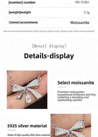 Bow Tie Pendant In 925 Sterling Silver With Moissanite Inlay, Simple Style Chain For Women