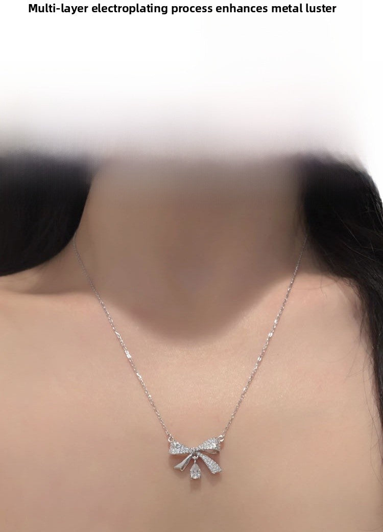 Bow Tie Pendant In 925 Sterling Silver With Moissanite Inlay, Simple Style Chain For Women
