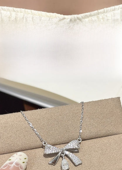 Bow Tie Pendant In 925 Sterling Silver With Moissanite Inlay, Simple Style Chain For Women