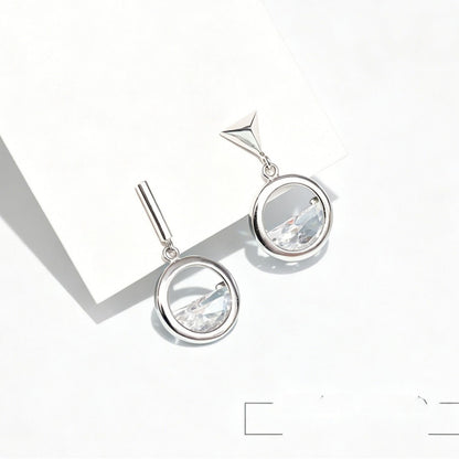 Circle Stud Earrings For Women With Zircon Inlay, 925 Sterling Silver Ear Pins, Asymmetrical Design Alloy