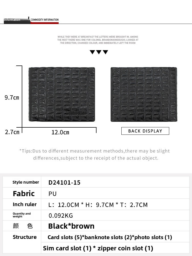 Crocodile Pattern Men's Small Wallets Made Of Durable PU Leather