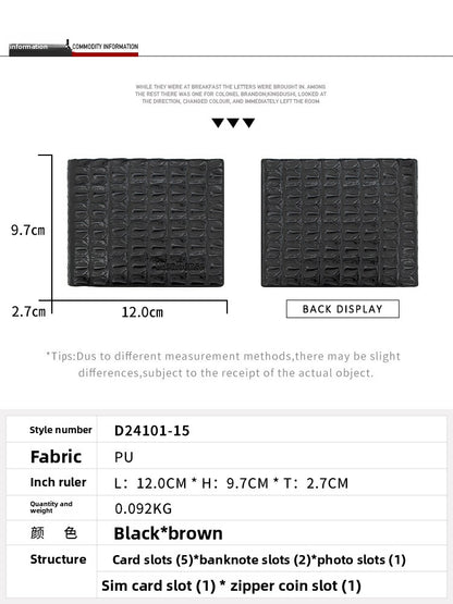 Crocodile Pattern Men's Small Wallets Made Of Durable PU Leather