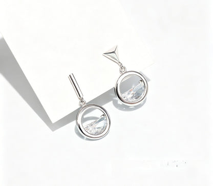 Circle Stud Earrings For Women With Zircon Inlay, 925 Sterling Silver Ear Pins, Asymmetrical Design Alloy