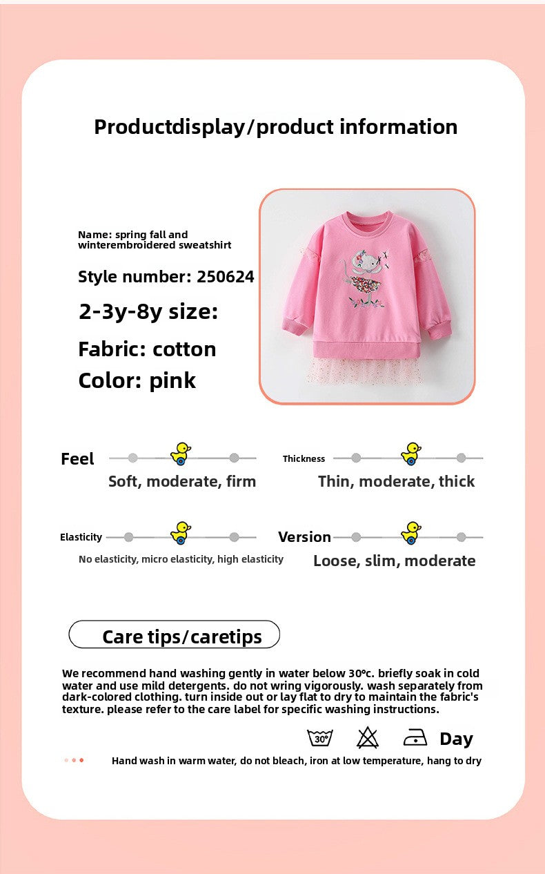 Cute Girls' Cotton Pullover Sweatshirt Featuring Embroidery In Natural Pink