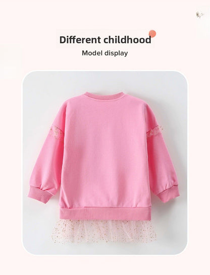 Cute Girls' Cotton Pullover Sweatshirt Featuring Embroidery In Natural Pink