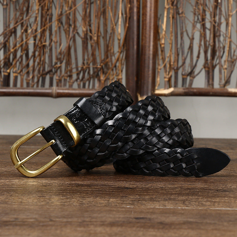 Women’s Genuine Leather Braided Belt With Alloy Pin Buckle In Coffer Color