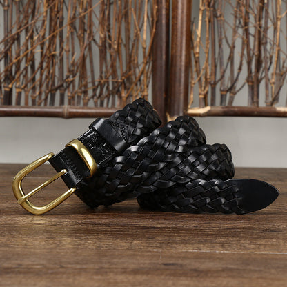 Women’s Genuine Leather Braided Belt With Alloy Pin Buckle In Coffer Color