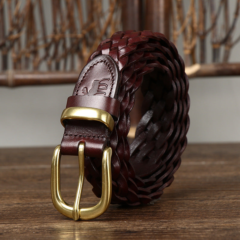 Women’s Genuine Leather Braided Belt With Alloy Pin Buckle In Coffer Color