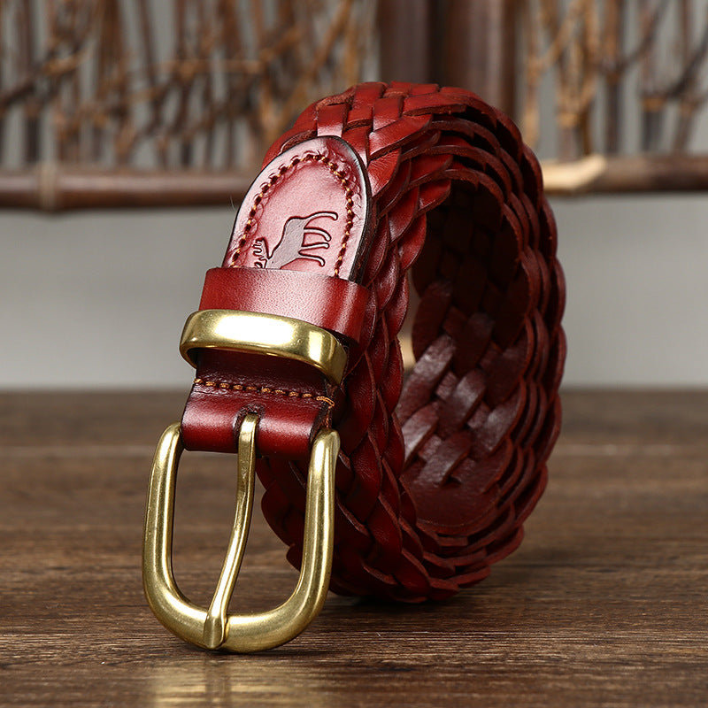 Women’s Genuine Leather Braided Belt With Alloy Pin Buckle In Coffer Color