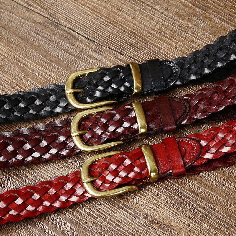 Women’s Genuine Leather Braided Belt With Alloy Pin Buckle In Coffer Color