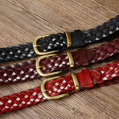 Women’s Genuine Leather Braided Belt With Alloy Pin Buckle In Coffer Color
