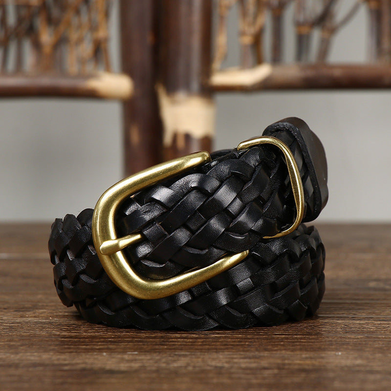 Women’s Genuine Leather Braided Belt With Alloy Pin Buckle In Coffer Color