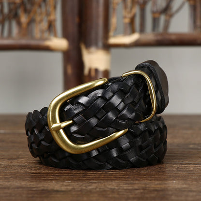 Women’s Genuine Leather Braided Belt With Alloy Pin Buckle In Coffer Color