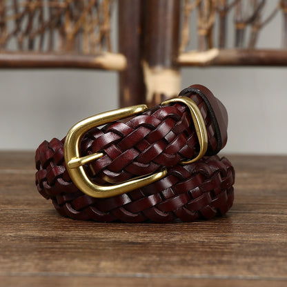 Women’s Genuine Leather Braided Belt With Alloy Pin Buckle In Coffer Color