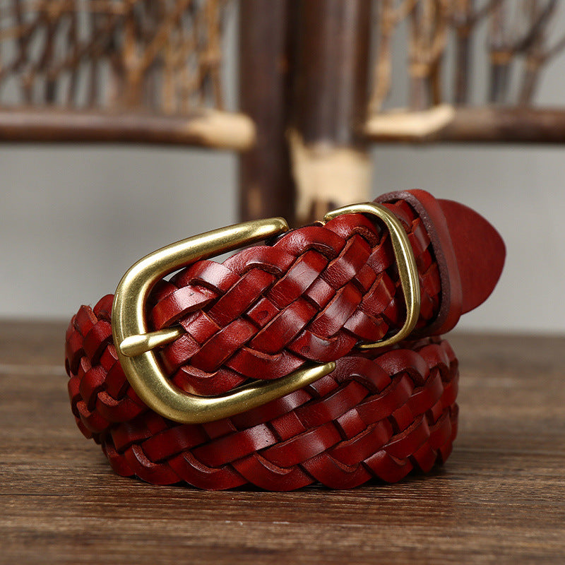 Women’s Genuine Leather Braided Belt With Alloy Pin Buckle In Coffer Color