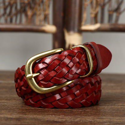 Women’s Genuine Leather Braided Belt With Alloy Pin Buckle In Coffer Color
