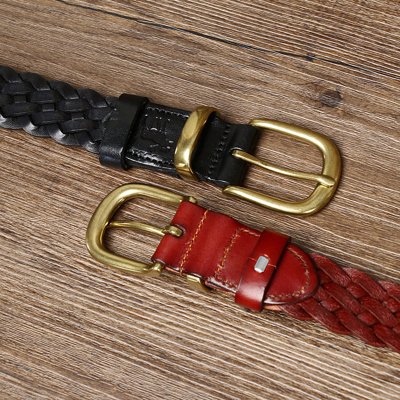 Women’s Genuine Leather Braided Belt With Alloy Pin Buckle In Coffer Color