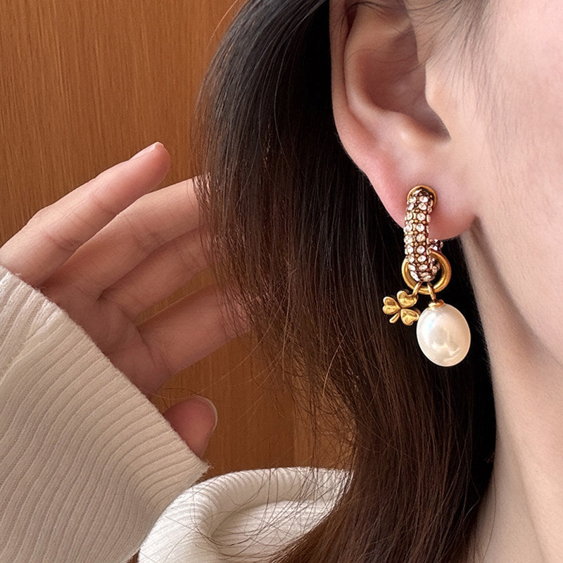 Lucky Heart Retro Earrings For Women In Copper With Rhinestones Featuring 925 Sterling Silver Ear Pins