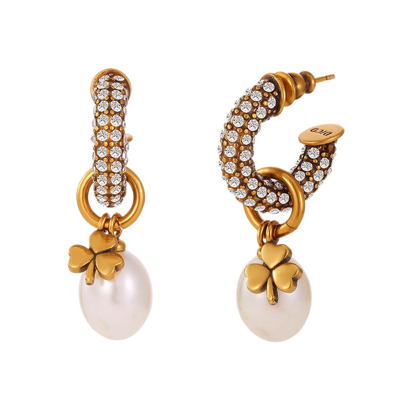 Lucky Heart Retro Earrings For Women In Copper With Rhinestones Featuring 925 Sterling Silver Ear Pins