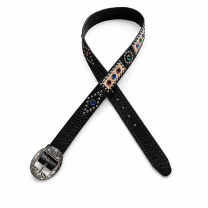 Cowboy Style Gem Belt For Unisex In Dyed Black PU Leather With Alloy Buckle